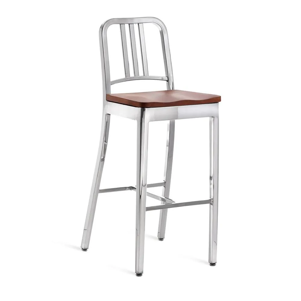Emeco 1104 Navy Bar Stool With Wood Seat