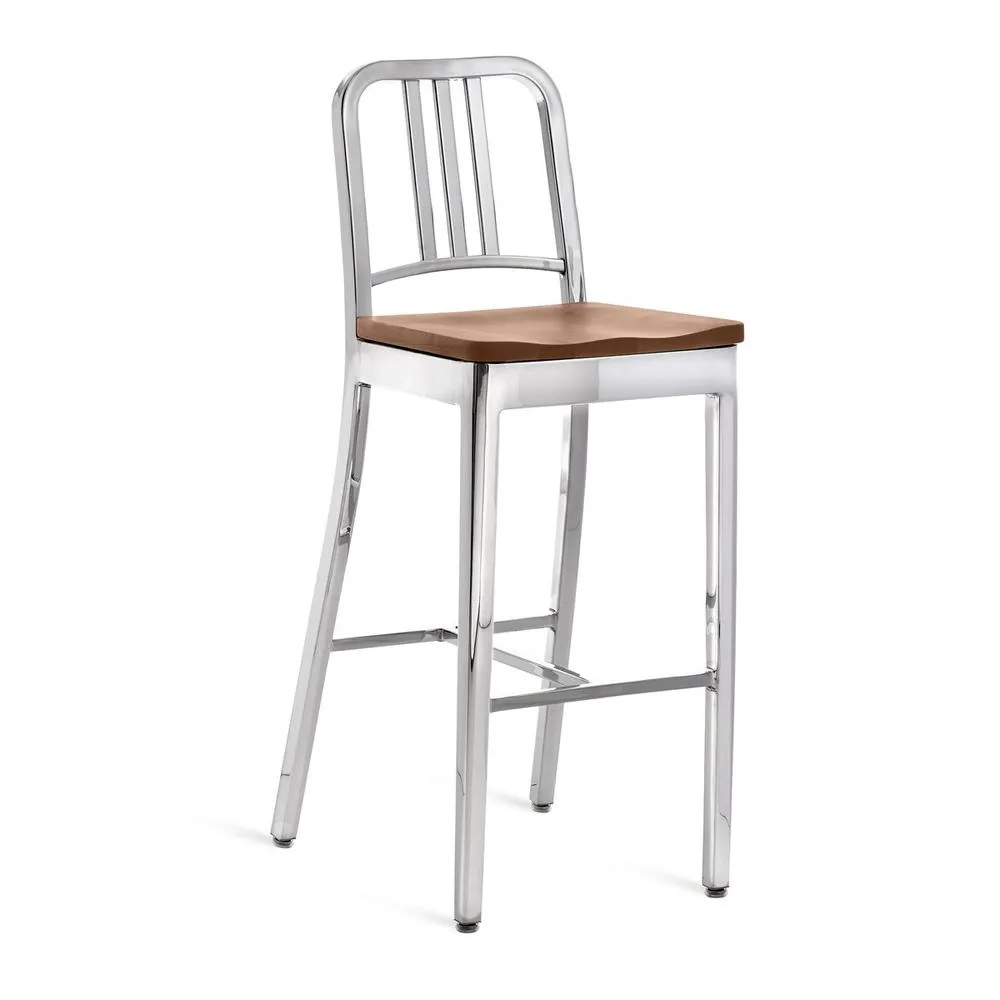 Emeco 1104 Navy Bar Stool With Wood Seat