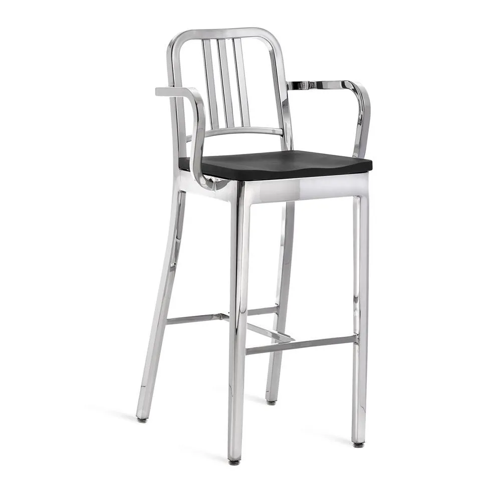 Emeco 1104 Navy Bar Stool With Wood Seat