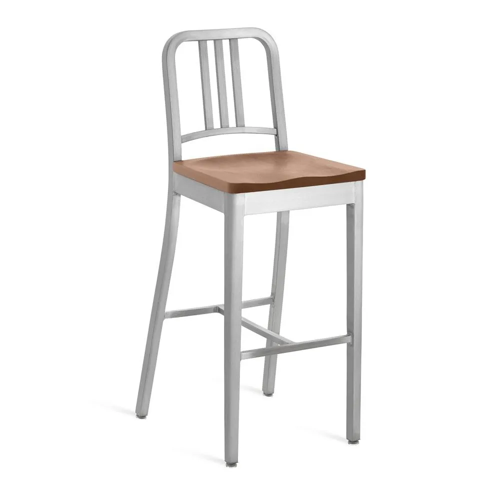 Emeco 1104 Navy Bar Stool With Wood Seat