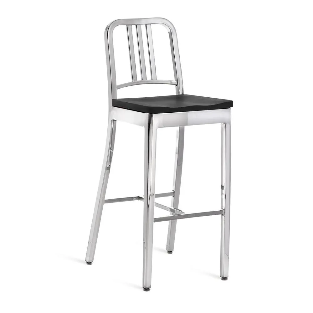 Emeco 1104 Navy Bar Stool With Wood Seat