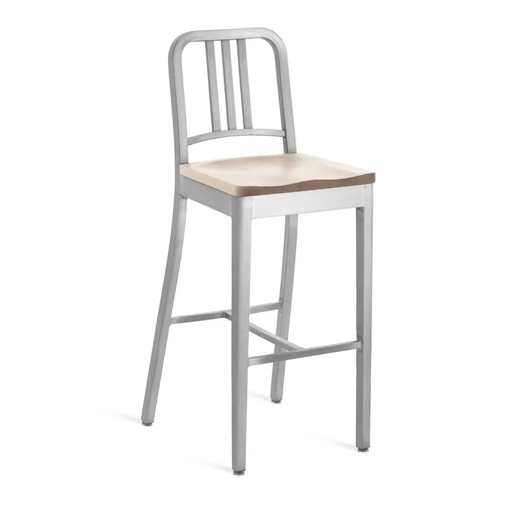 Emeco 1104 Navy Bar Stool With Wood Seat