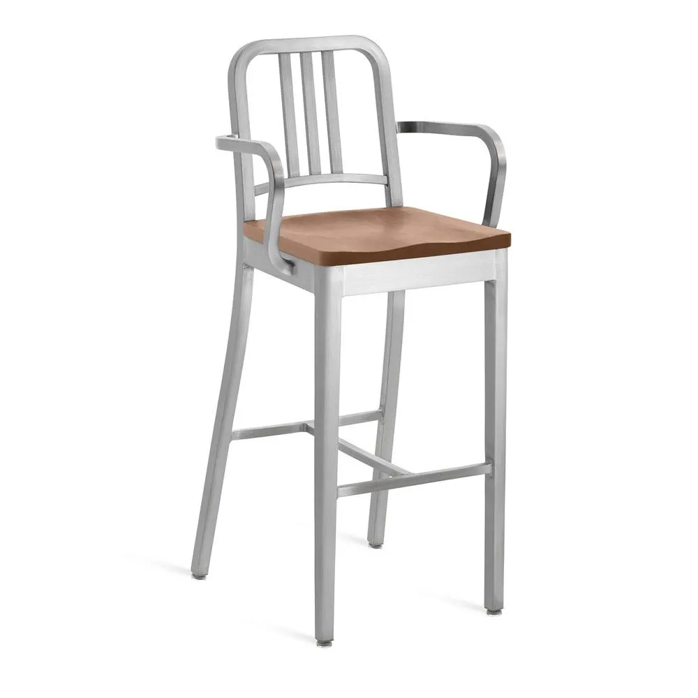 Emeco 1104 Navy Bar Stool With Wood Seat