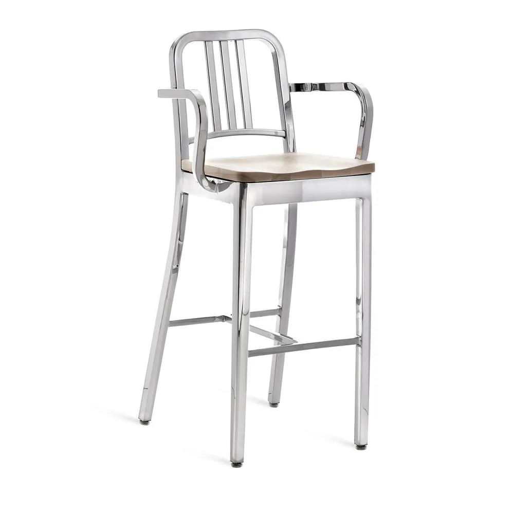 Emeco 1104 Navy Bar Stool With Wood Seat