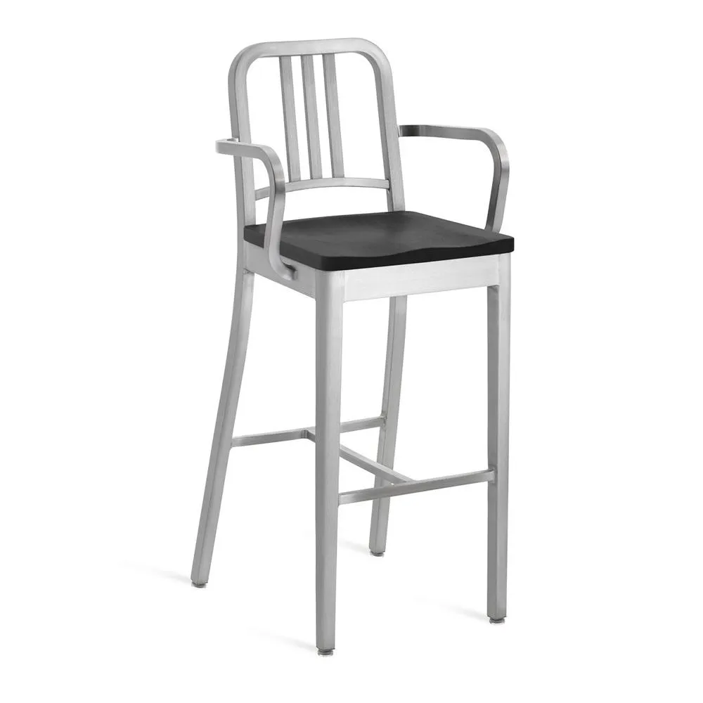 Emeco 1104 Navy Bar Stool With Wood Seat