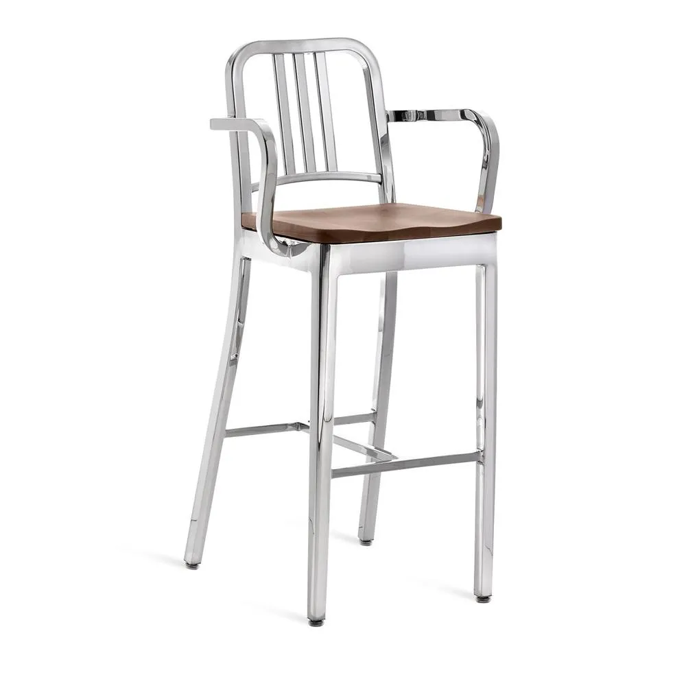 Emeco 1104 Navy Bar Stool With Wood Seat