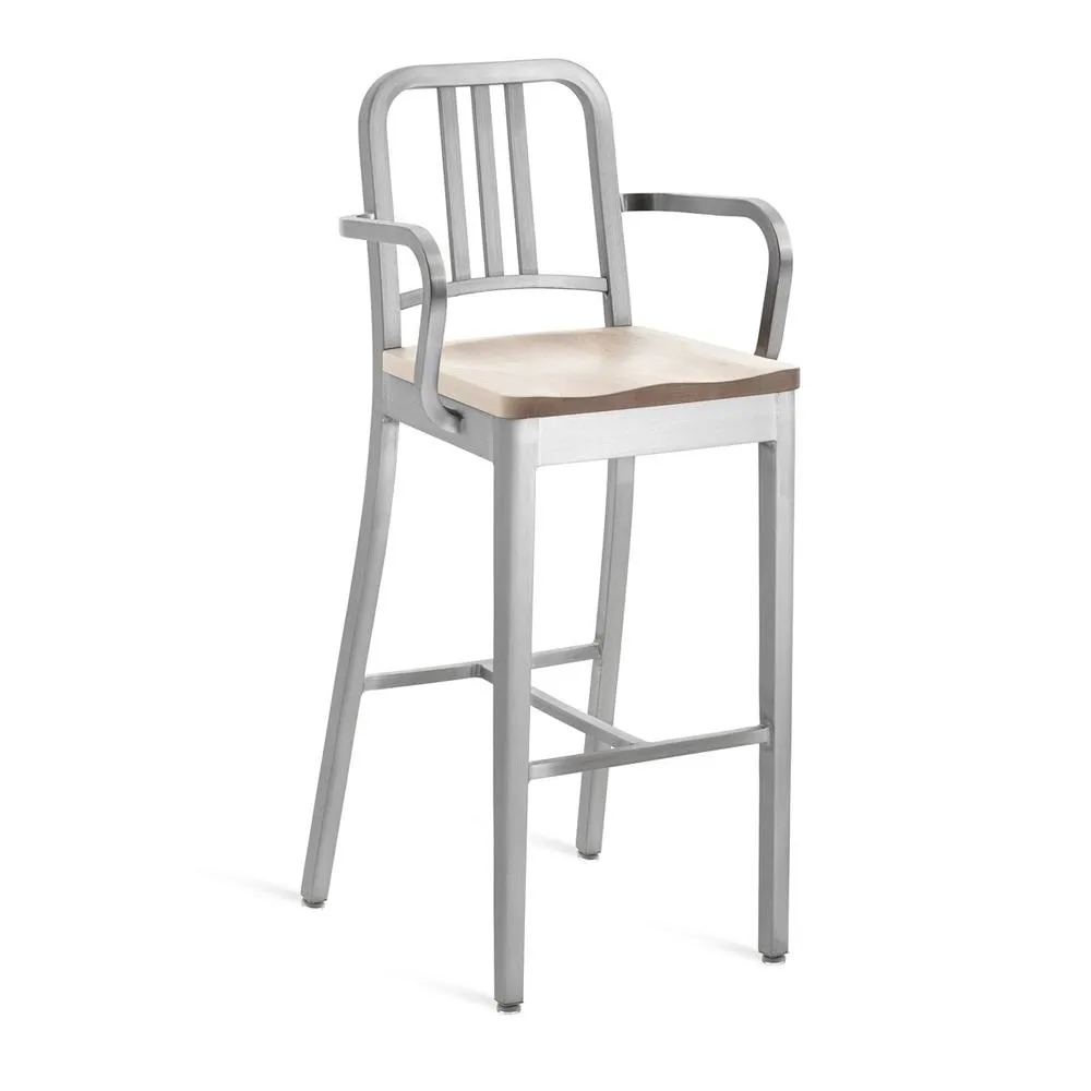 Emeco 1104 Navy Bar Stool With Wood Seat