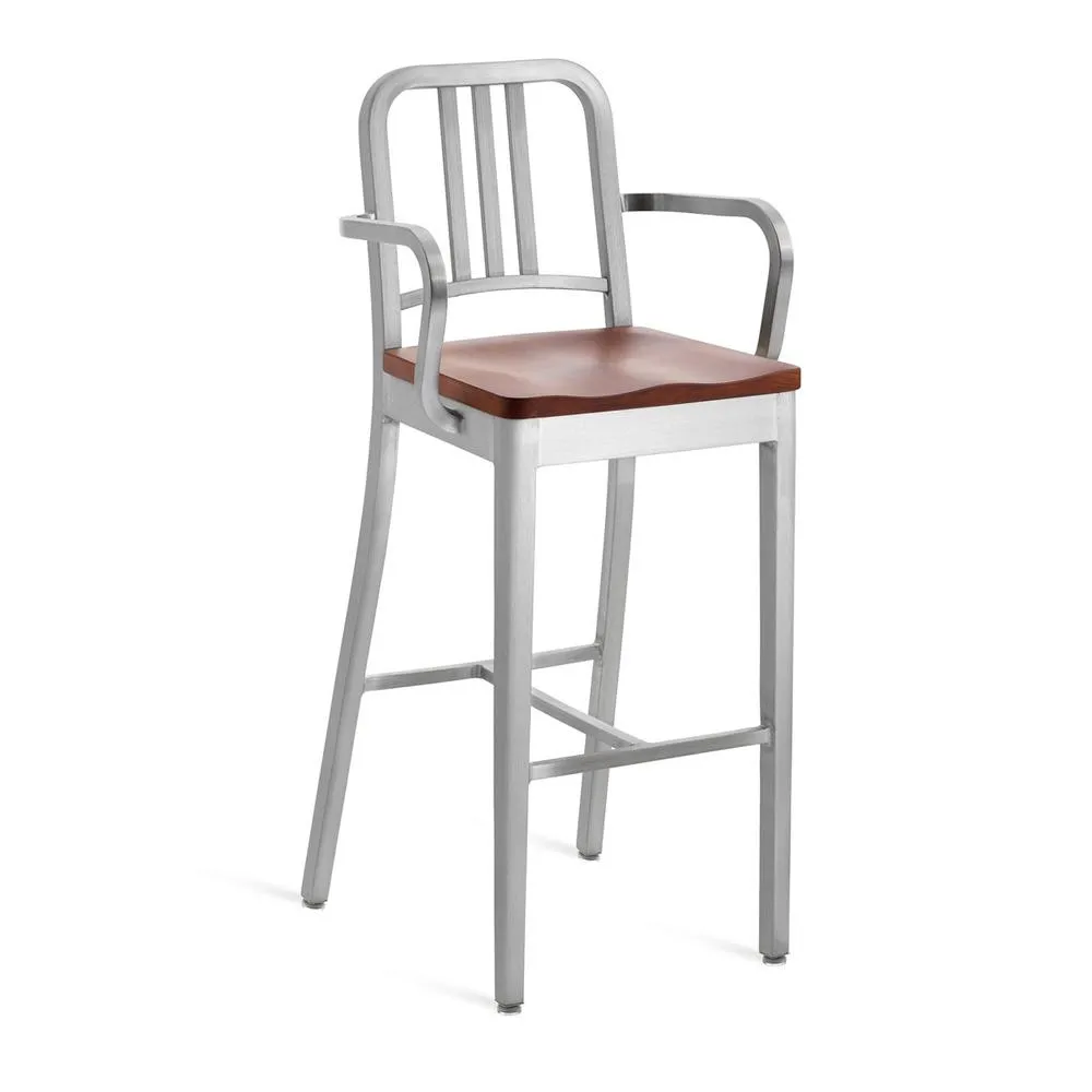 Emeco 1104 Navy Bar Stool With Wood Seat