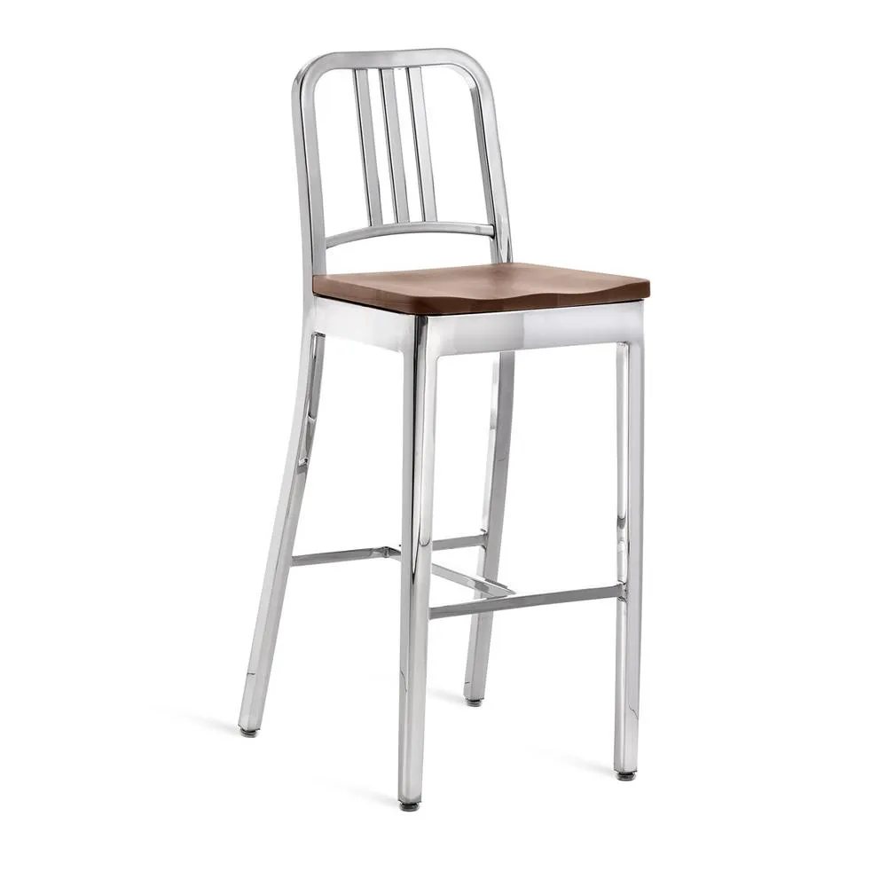 Emeco 1104 Navy Bar Stool With Wood Seat