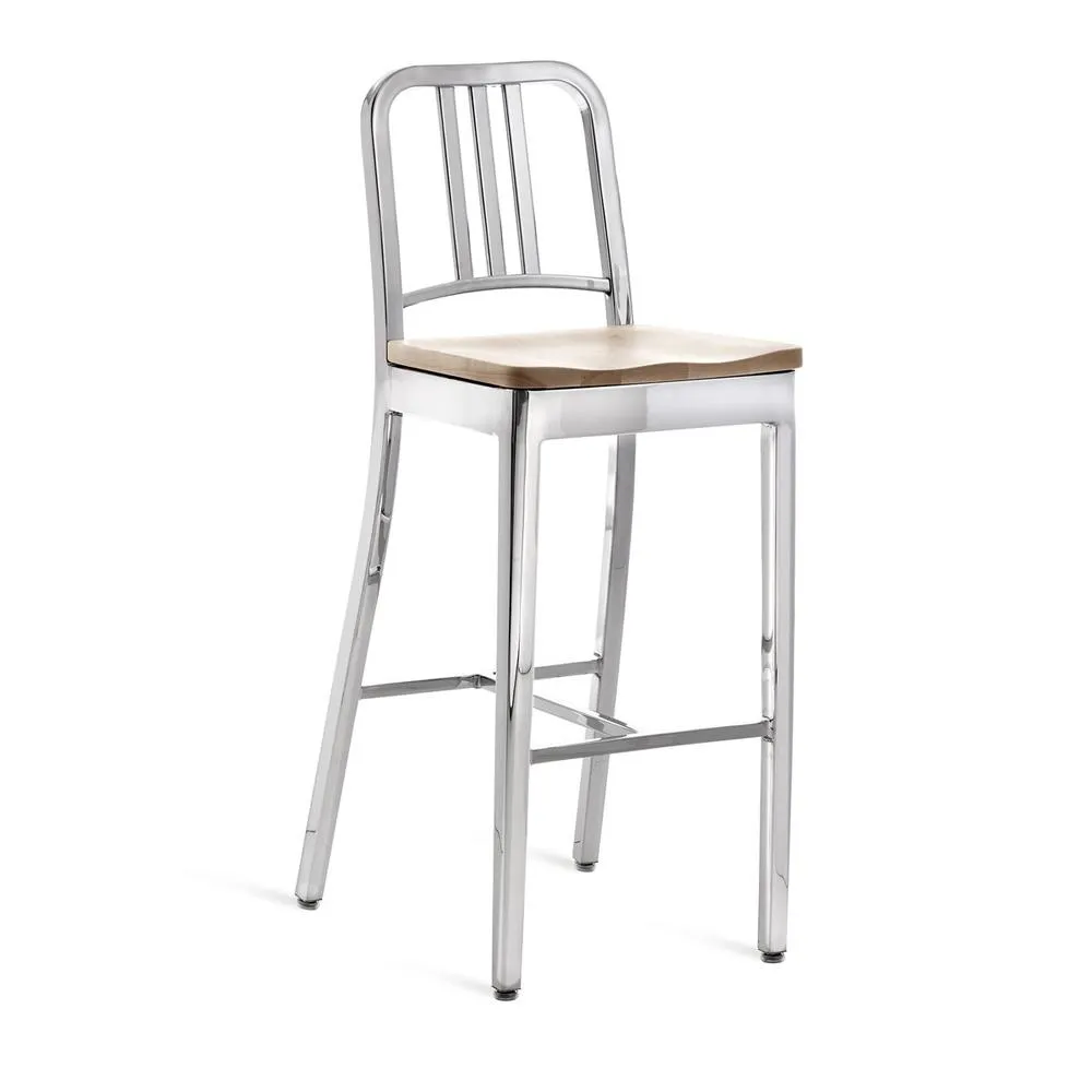 Emeco 1104 Navy Bar Stool With Wood Seat