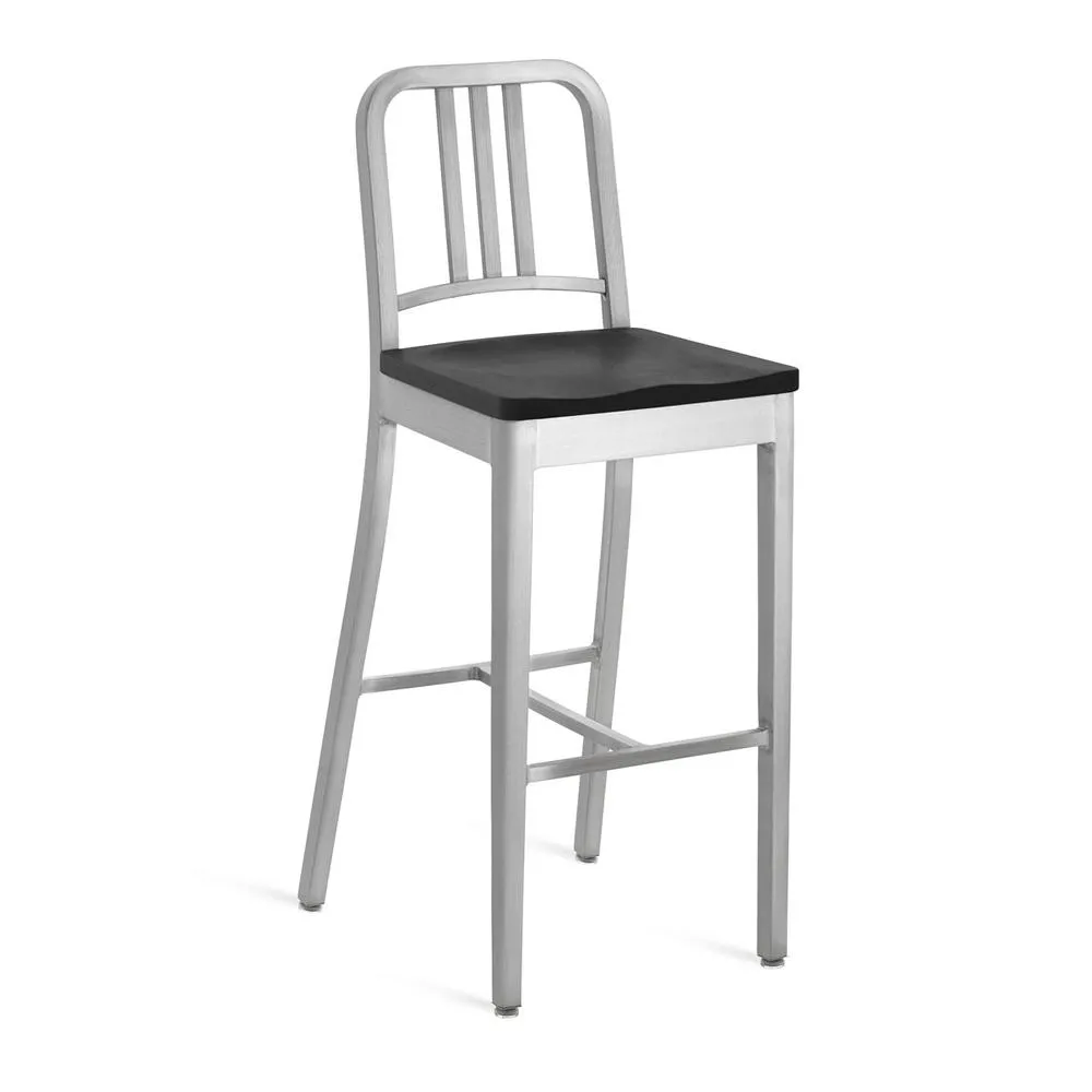 Emeco 1104 Navy Bar Stool With Wood Seat